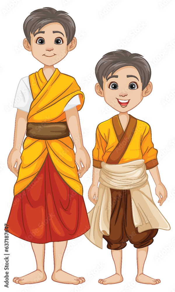 Southeast Asian Men in Traditional Outfits: A Cartoon Illustration