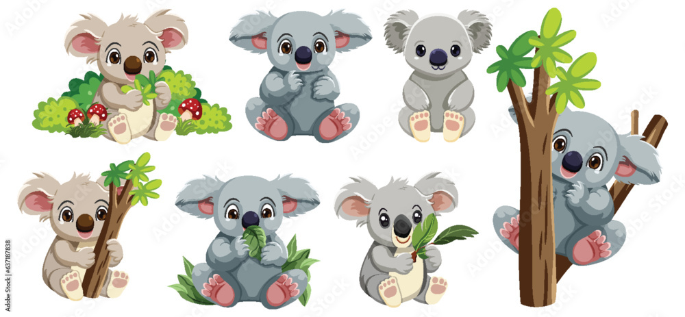 Cute Koala Cartoon in Nature on Tree Branch