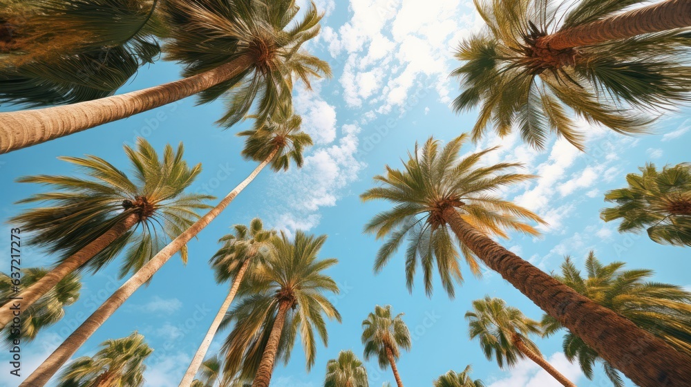 Blue sky and palm trees view from below. Tropical beach and summer background. Travel concept.