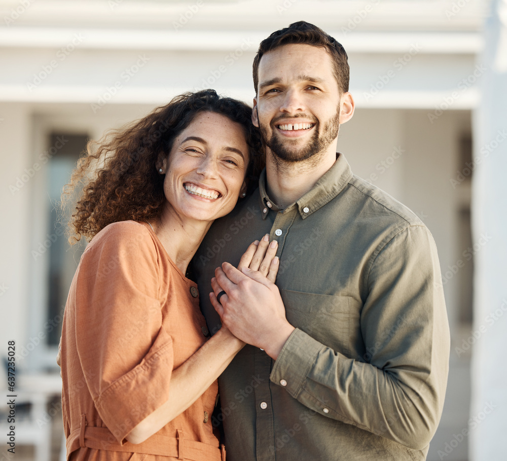 Couple, hug and happiness outdoor in portrait, love and care with bonding, support and trust in a ma