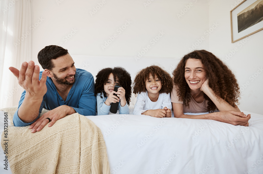 Bed, happy family children and parents watching tv series, movies or online streaming service, enter