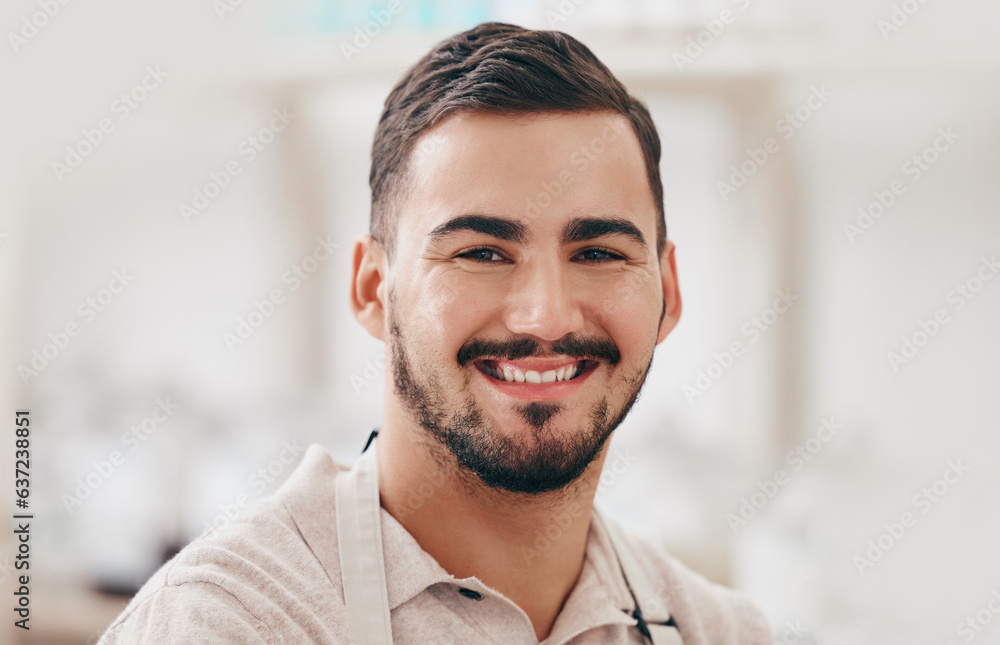 Man, shop and small business for portrait, apron and happy for service, help and sales with pride at