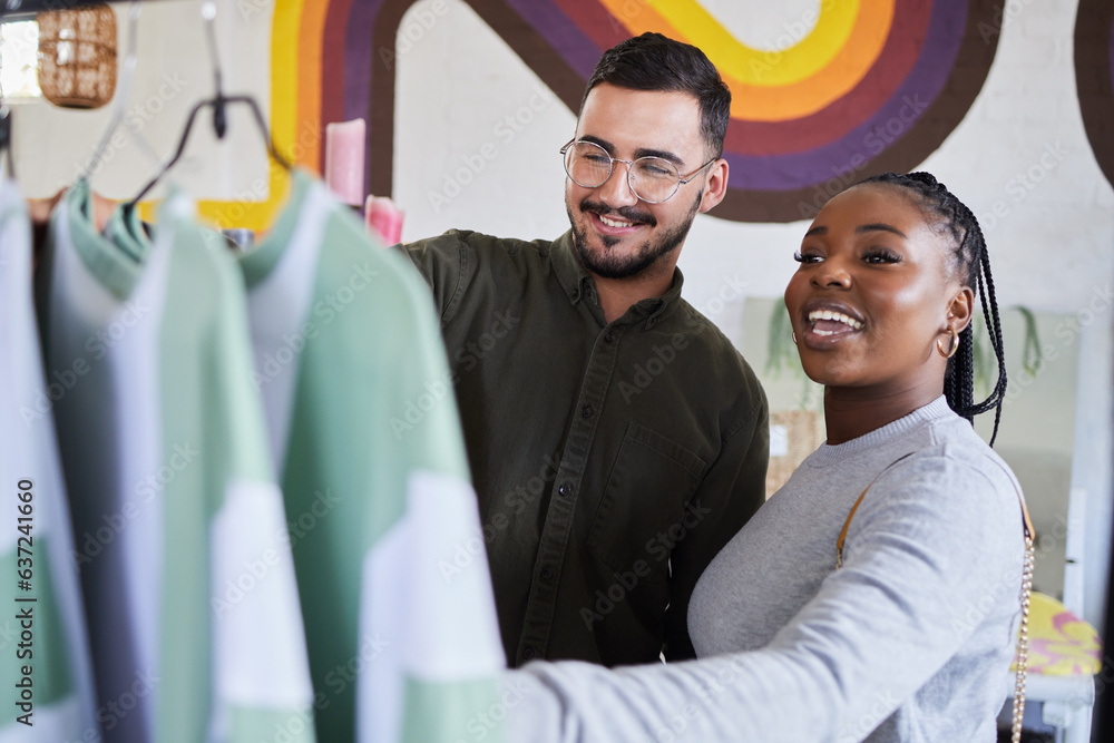 Retail, store and interracial couple shopping for fashion or style together in a mall and happy for 