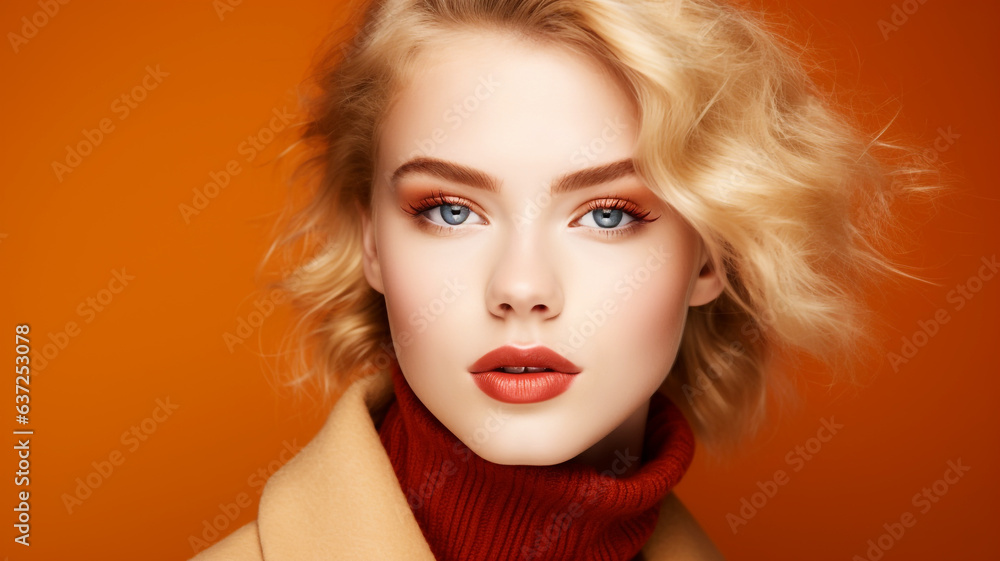 Beautiful model on an orange colored background