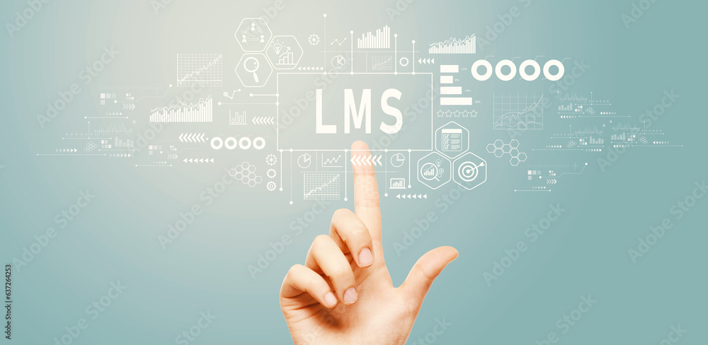 LMS - Learning Management System with hand pressing a button on a technology screen