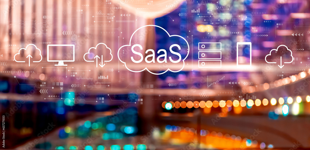 SaaS - software as a service concept with big city lights at night