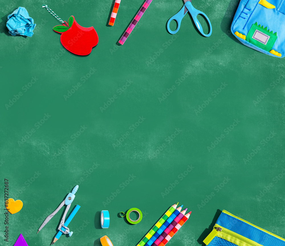 Collection of school supplies overhead view - flat lay