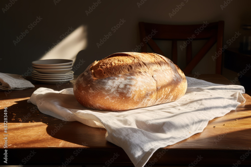 Fresh crispy bread at sunlight, round artisan bread on wooden table in kitchen, rustic style aesthet