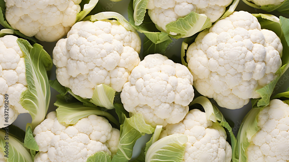 Fresh cauliflowers with water drops background. Vegetables backdrop. Generative AI