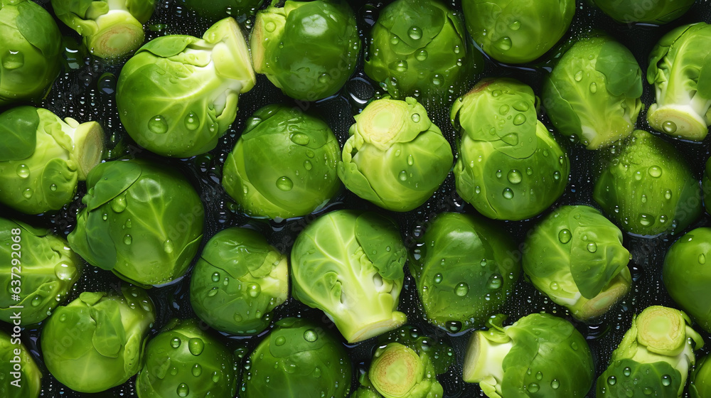 Fresh green brussels sprouts with water drops background. Vegetables backdrop. Generative AI