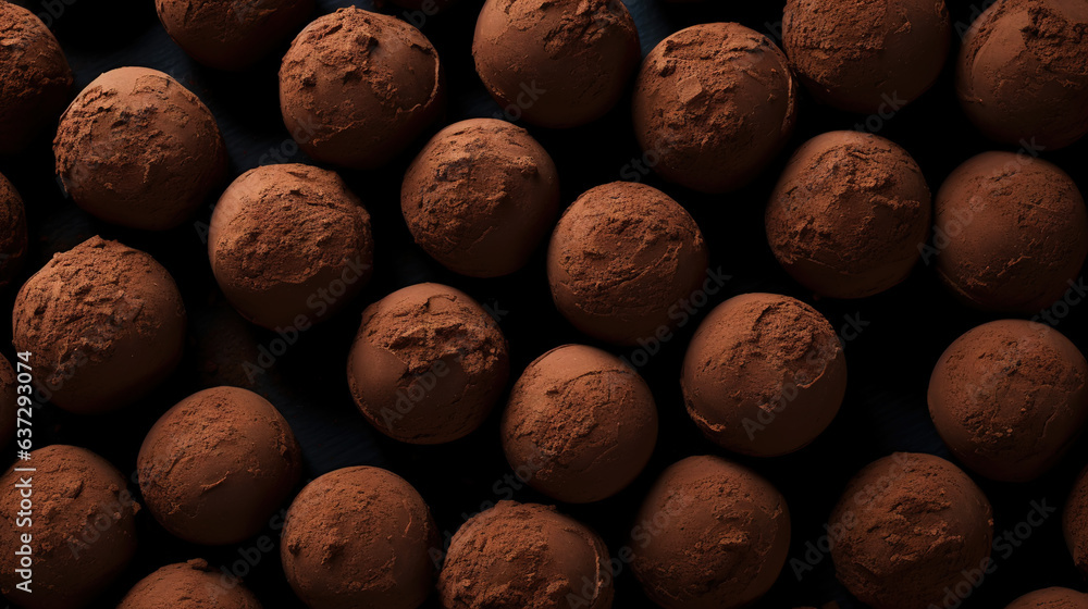 Chocolate truffles background, top view. Sweet cocoa candy. Generative AI