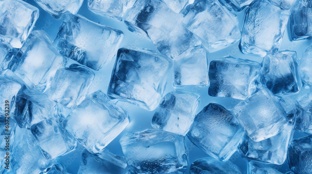 Ice cubes bluish background. Frozen water. Cold fresh concept. Generative AI