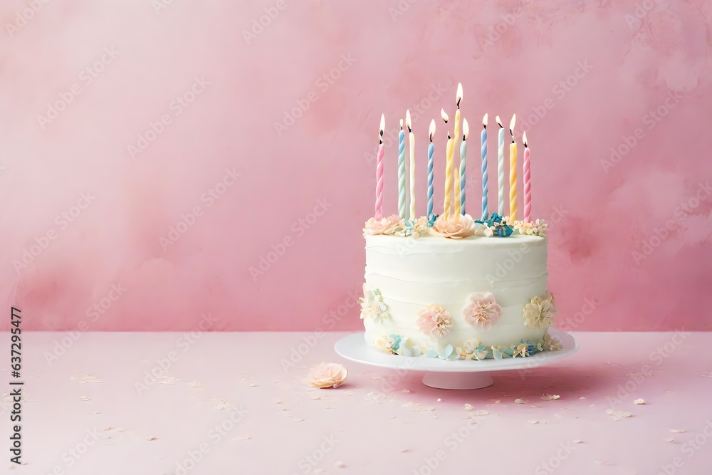 Small cake with candles on pink background