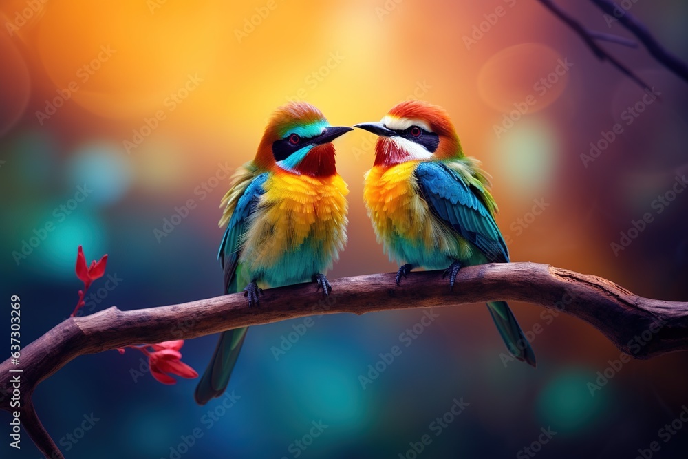 two colorful birds are sitting on branch, colorful blurry background