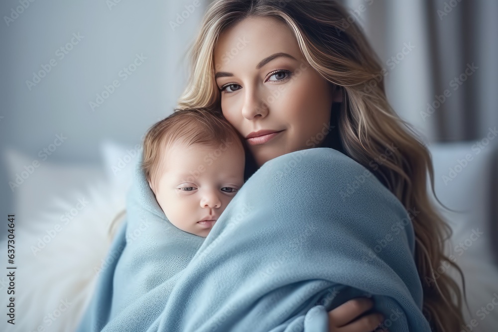 Woman holding adorable baby wrapped in blue blanket. Generative AI