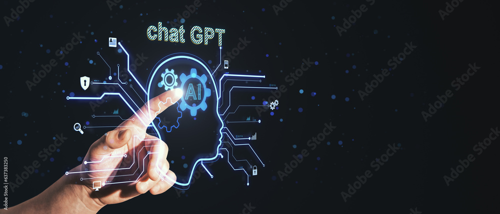 Close up of businessman hand pointing at glowing head outline with ai circuit and other icons on wid