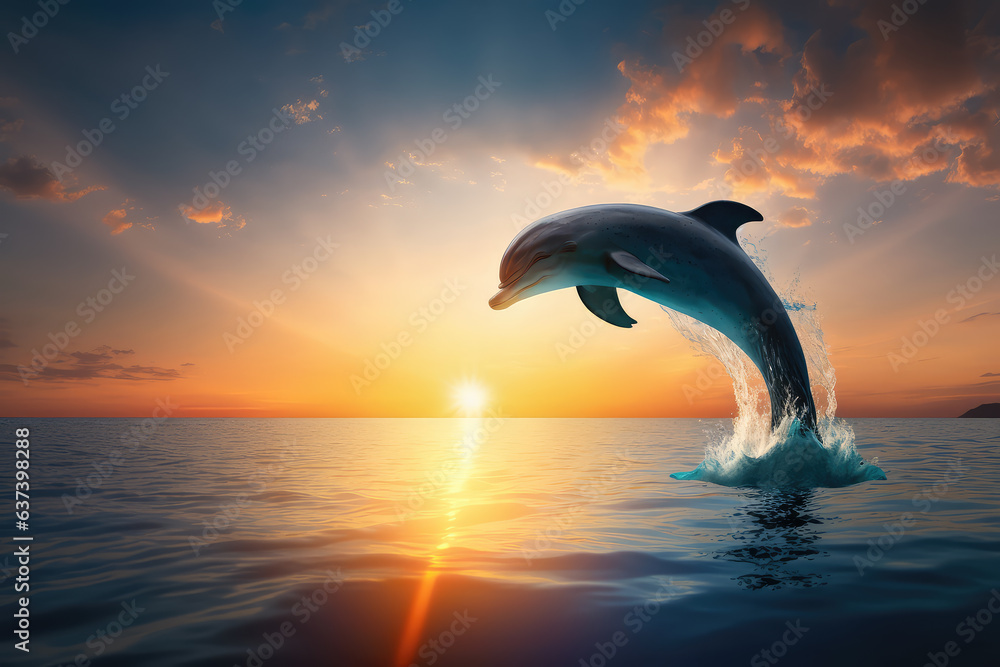 Bottlenose dolphin jump over ocean with beautiful sunset background