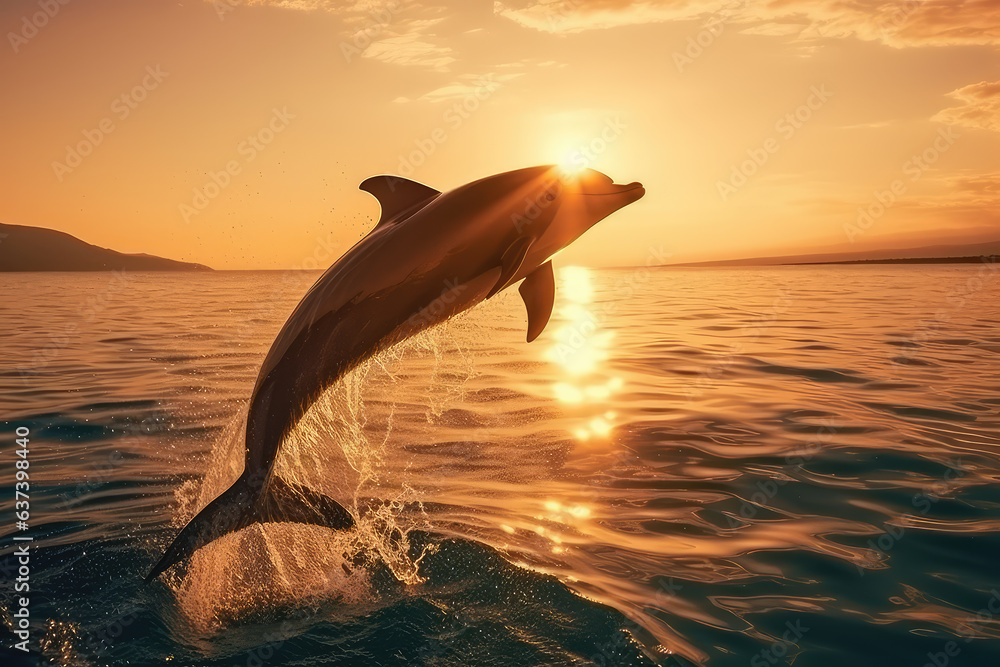 Bottlenose dolphin jump over ocean with beautiful sunset background