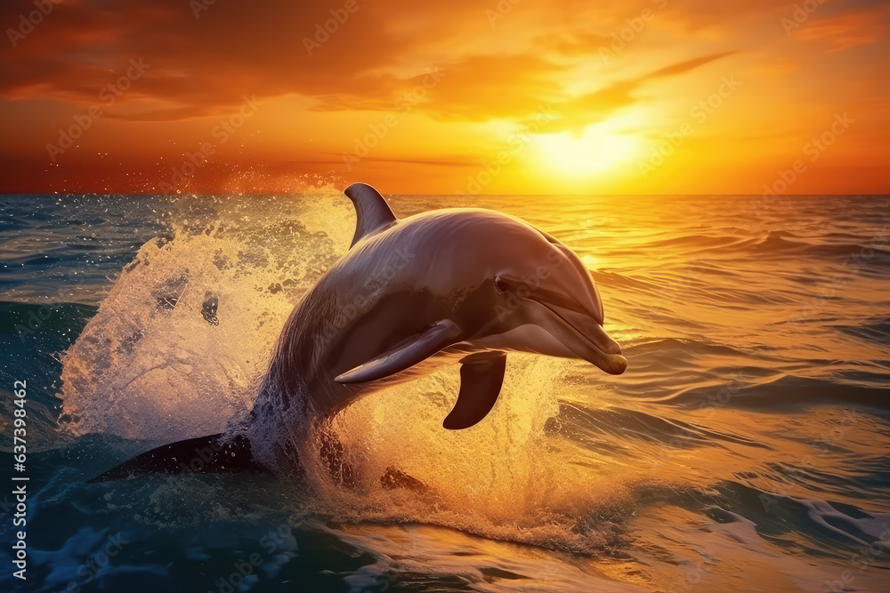 Bottlenose dolphin jump over ocean with beautiful sunset background