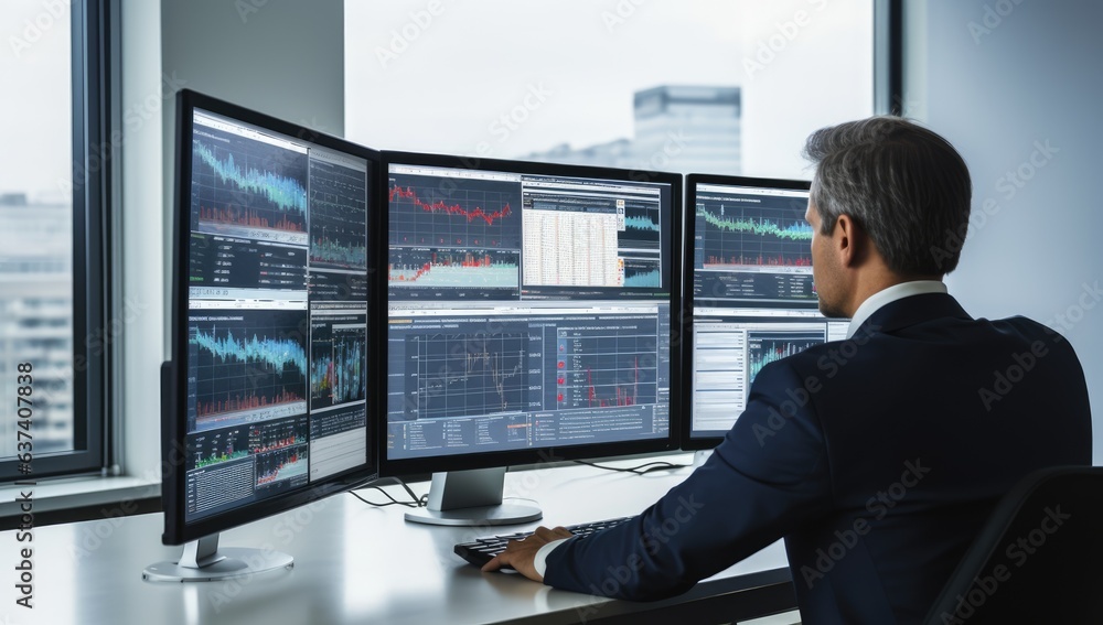 Businessman analyzing stock market data on multiple computer screens in office.