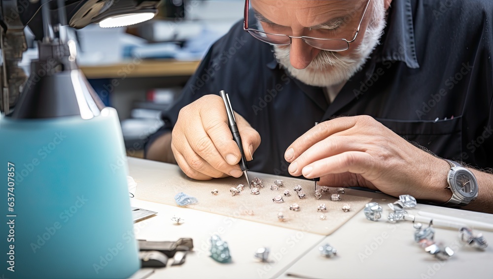 Senior jeweler working in his workshop.Jeweler making jewelry