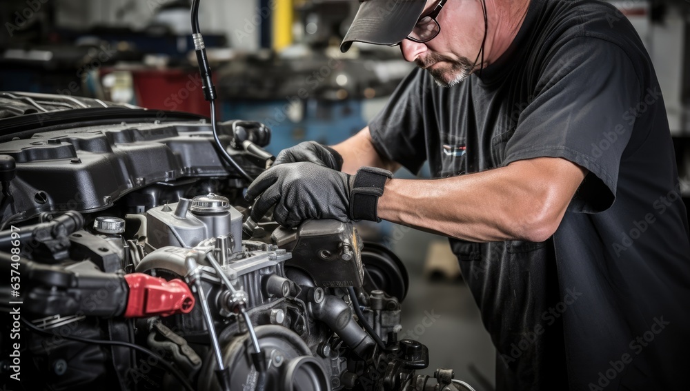 auto mechanic working in auto repair service garage checking engine oil level.