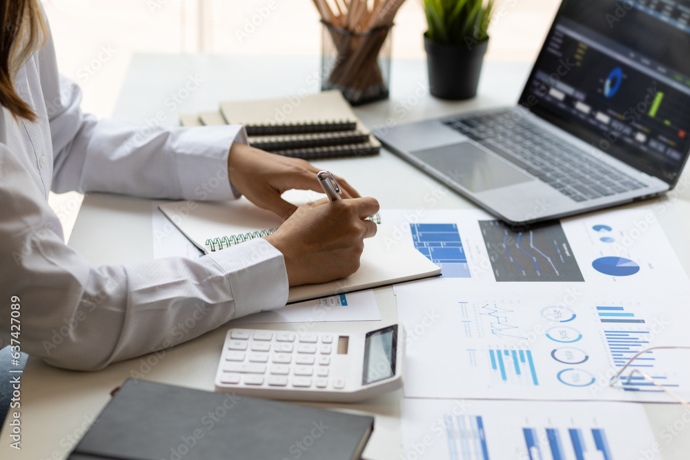 Businesswoman working with laptop and analyzing financial and accounting documents. Business woman w