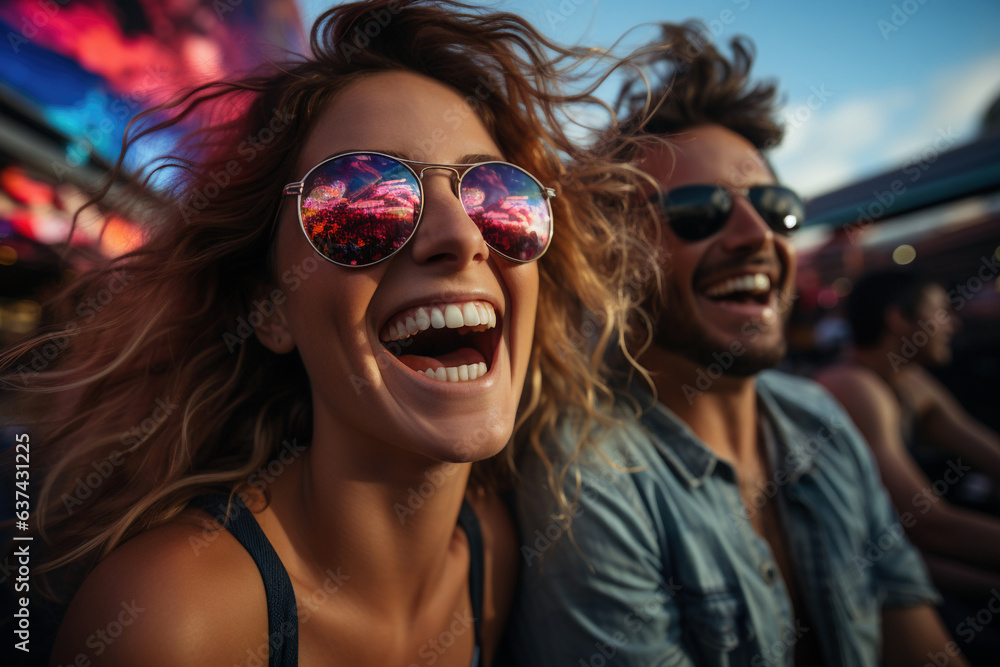 Super happy couple having fun on roller coaster - Generative AI