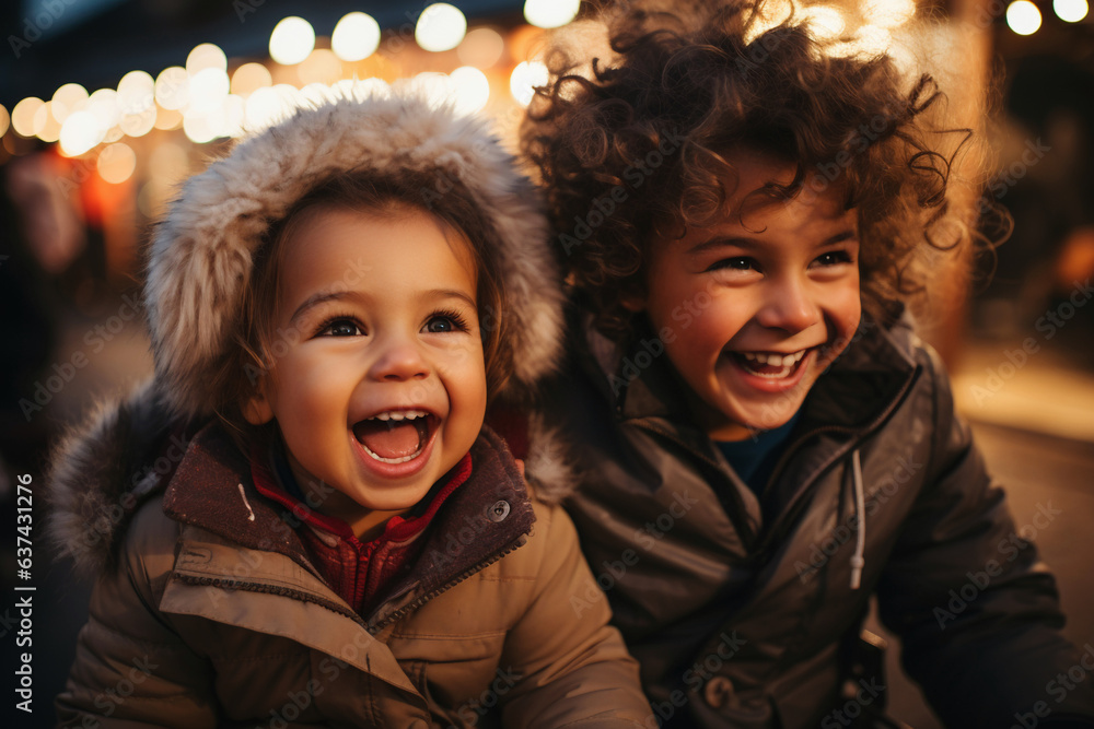 Two beautiful children having fun at luna park - Generative AI