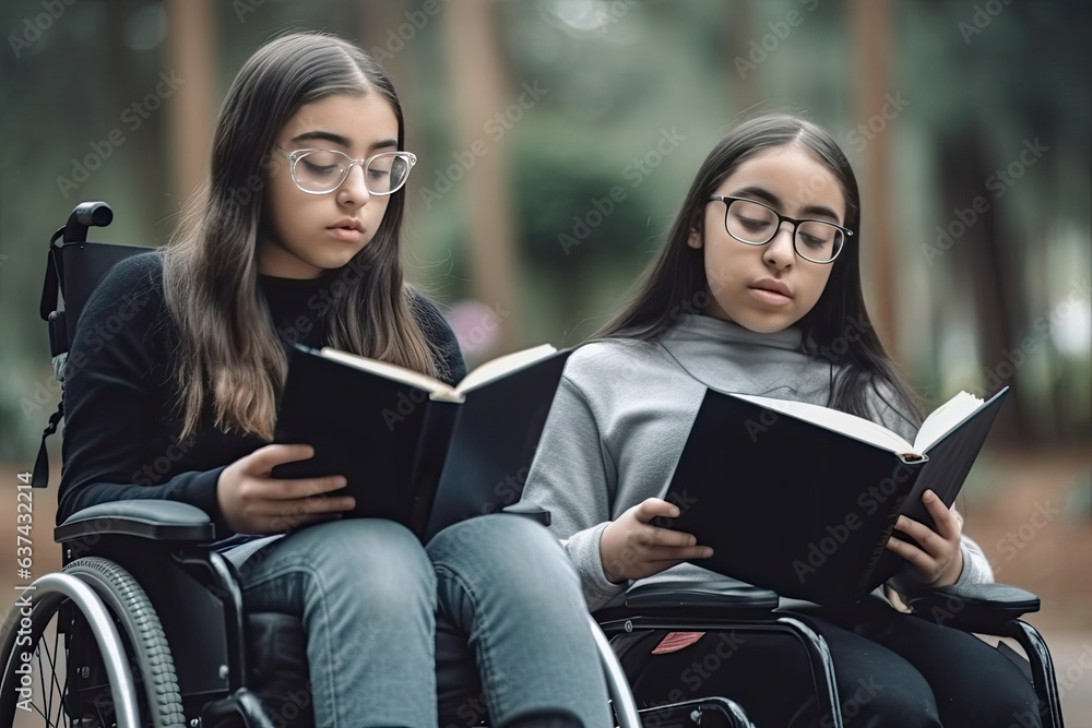 Two friends in wheelchairs participate in learning and joyful fellowship, education and support.