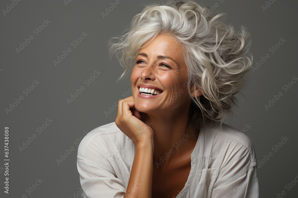 Portrait and beauty of mature woman in studio on a grey background - Generative AI