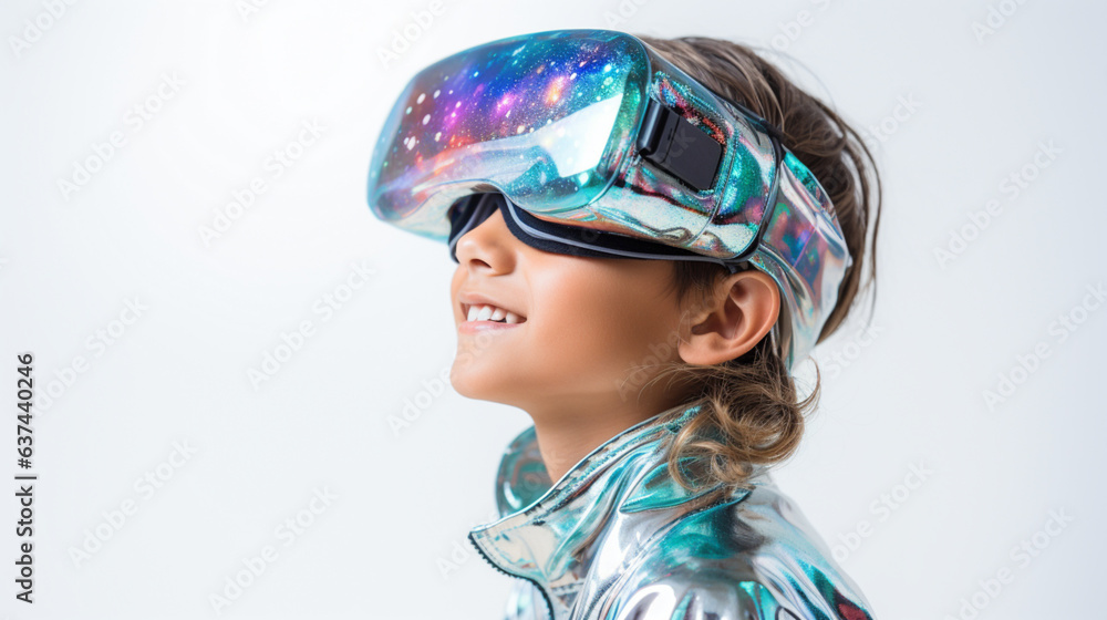 boy wearing a virtual reality headset in room, in the style of light tones background