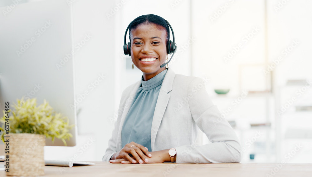 Black woman, call center and smile on computer in telemarketing, customer service or support. Portra