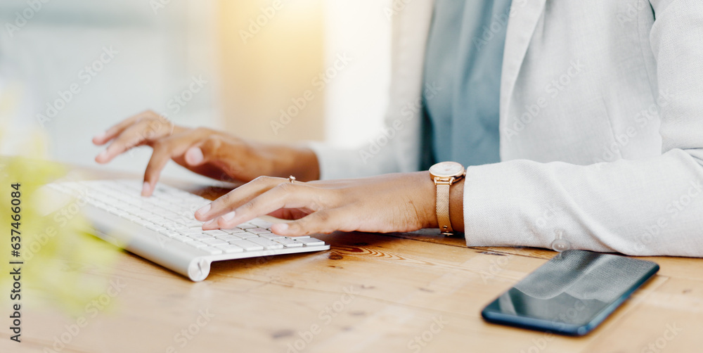 Laptop, business and hands of black woman typing working on online project, report and research at d