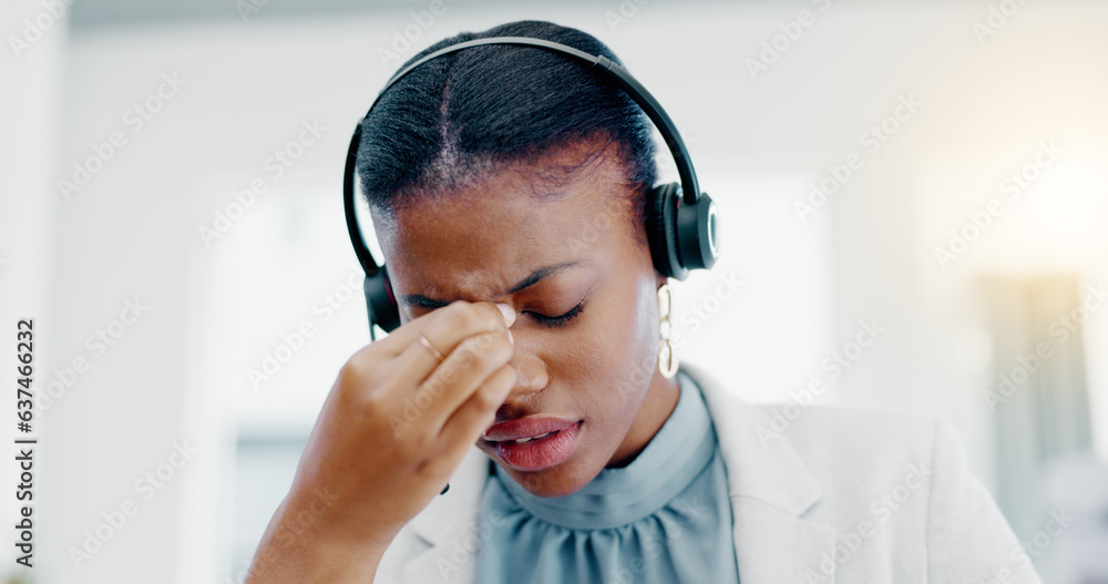 Black woman, call center and headache in stress, burnout or anxiety from strain at the office. Afric