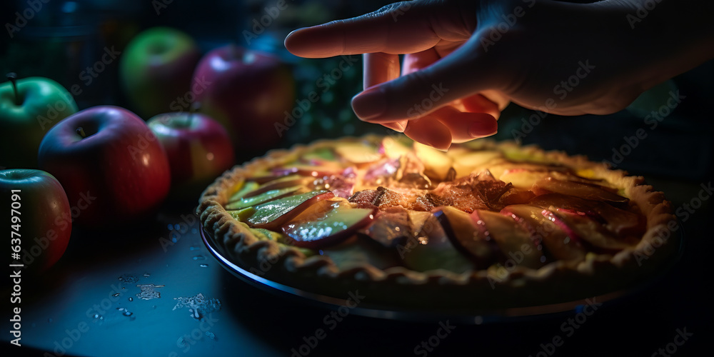 Captivating image of bakers hands gently placing holographic apple slices on glowing tart crust, se