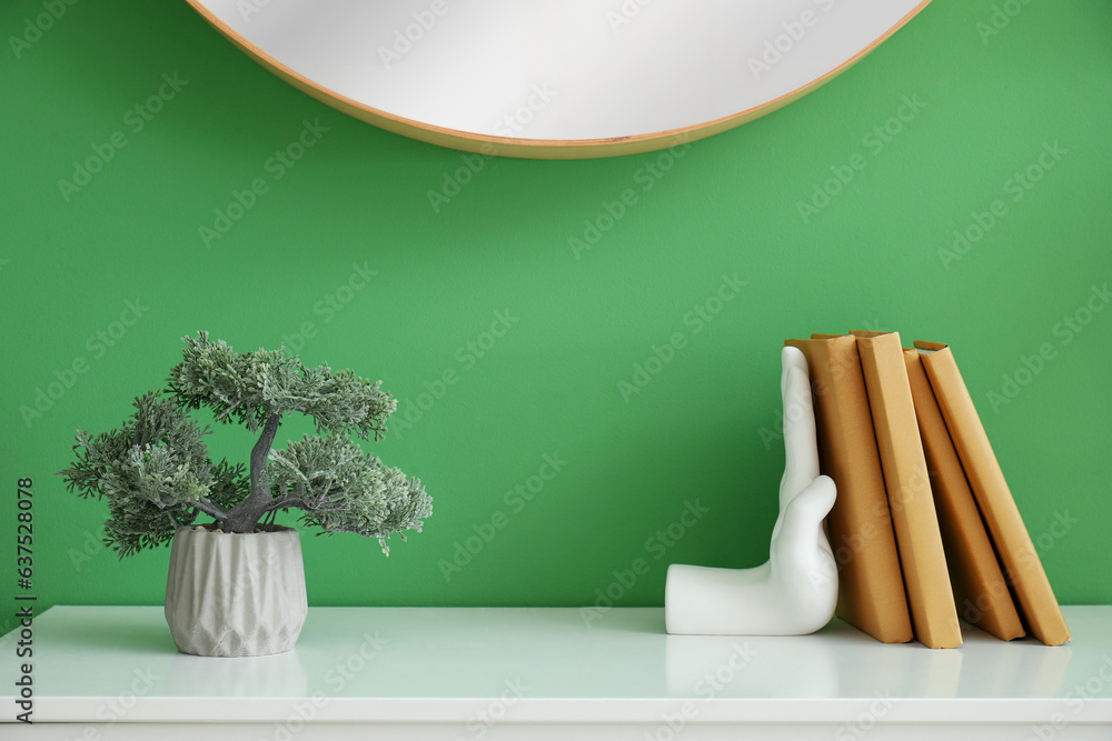 Stylish holder for books with bonsai on commode near green wall