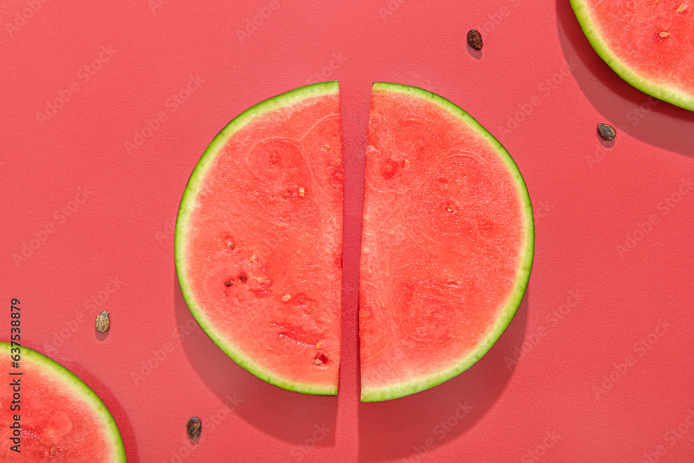 Composition with pieces of fresh ripe watermelon on red background, closeup