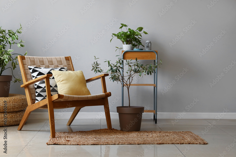 Interior of living room with wooden armchair and houseplants