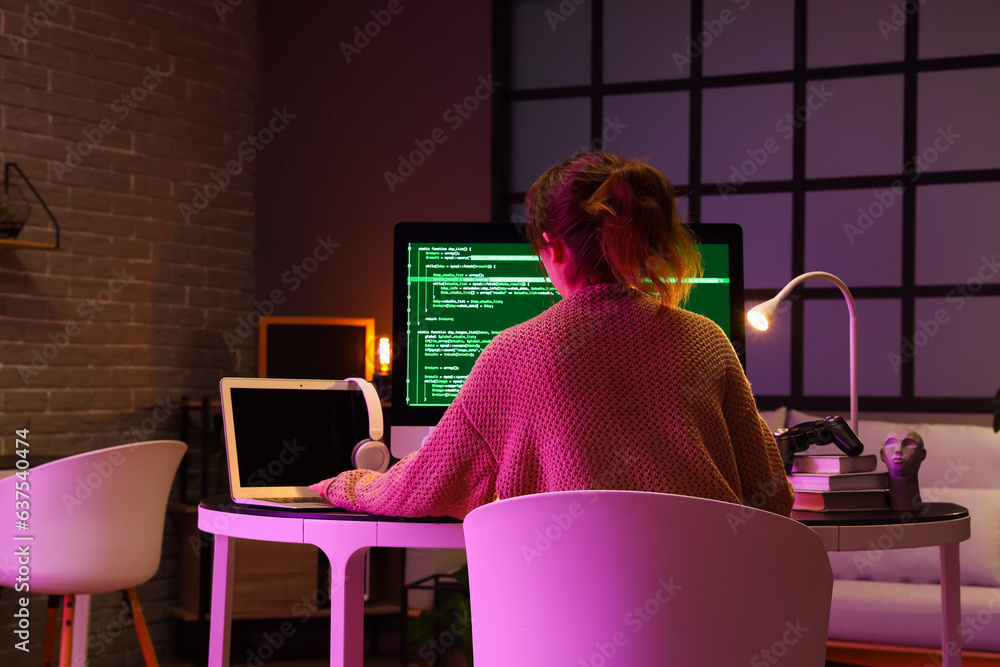 Female programmer working at table in office, back view