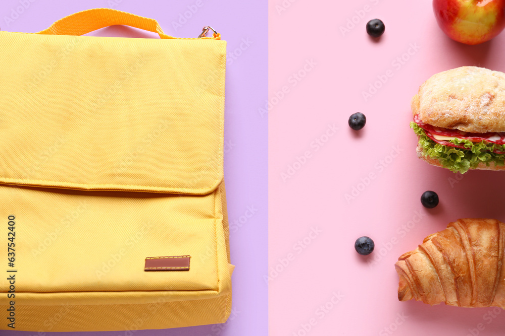 Lunch box bag and different tasty food on color background