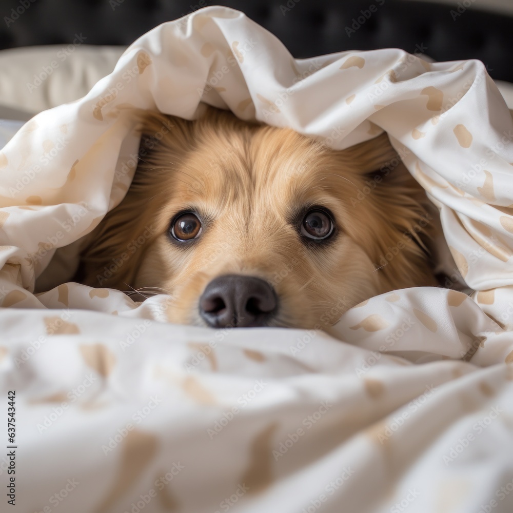 dog lies in bed under the covers.