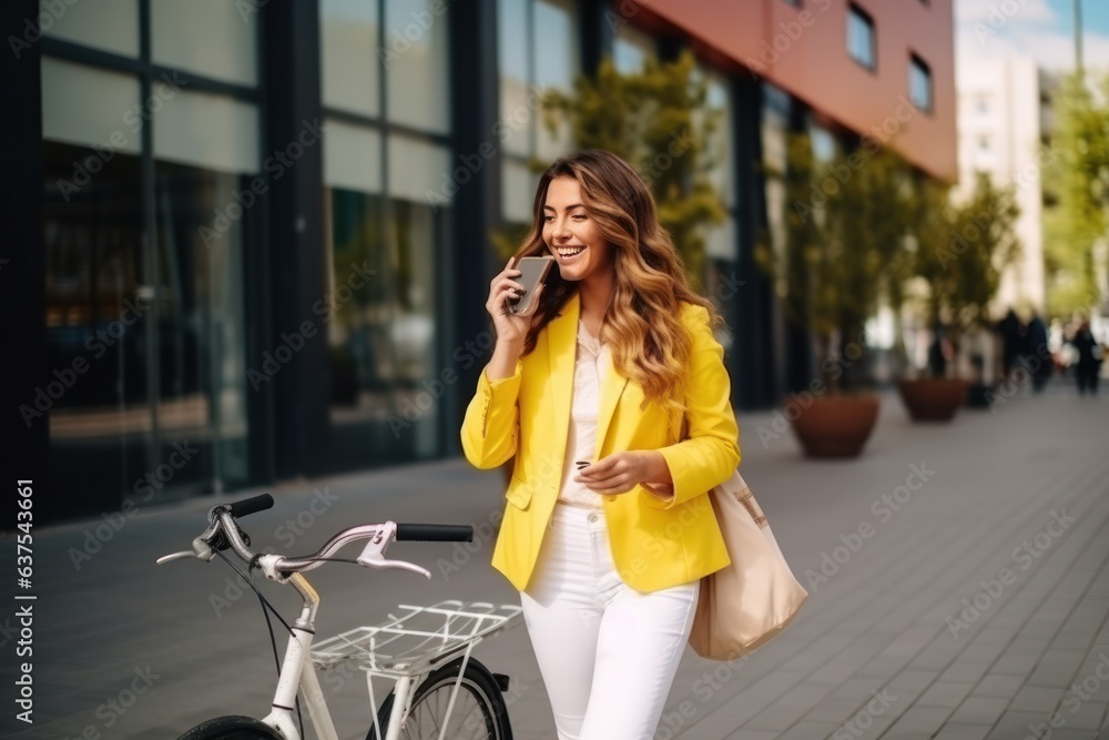 a woman in a yellow bike and white jeans stands on the street and talks on the phone