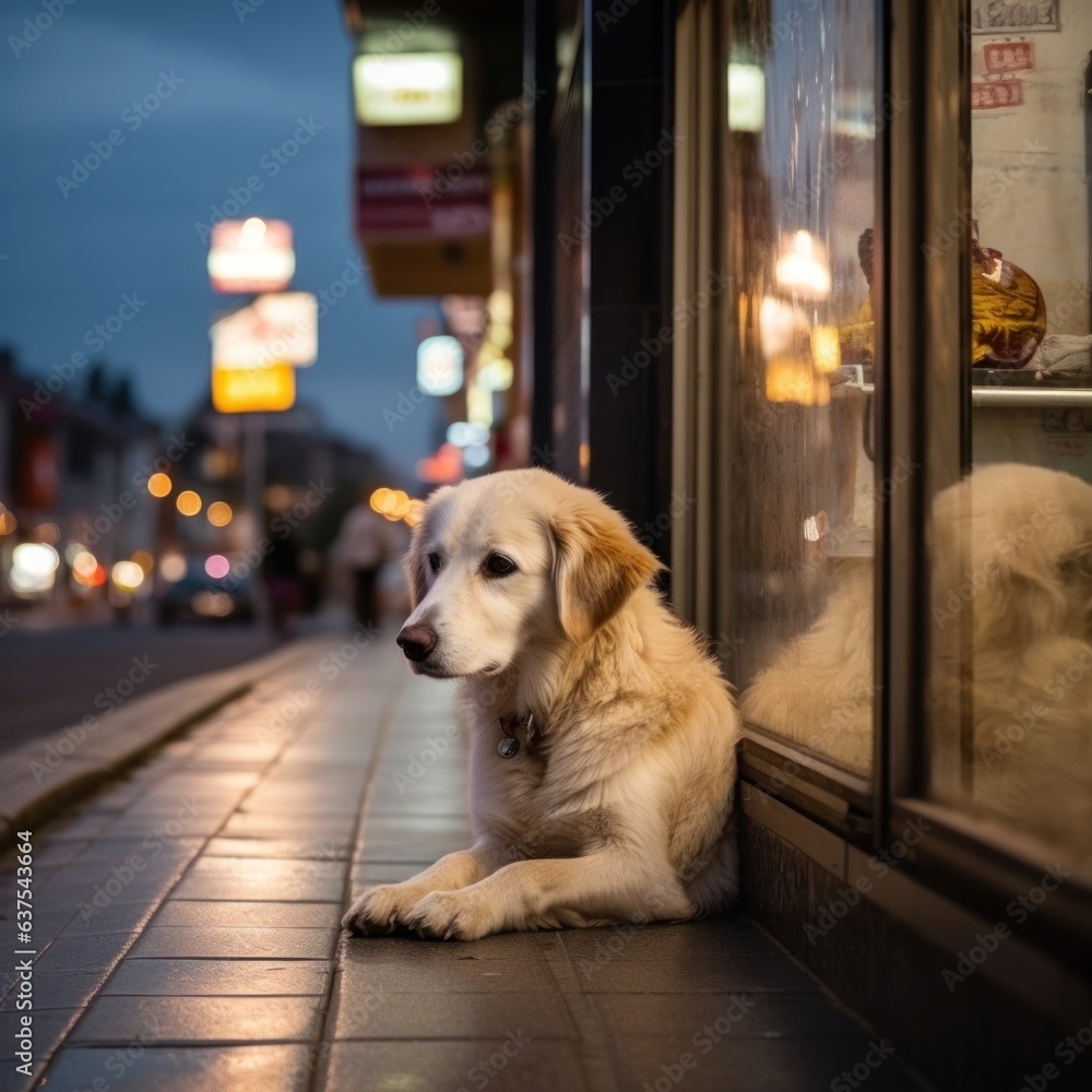 the dog is waiting for his owner near the store