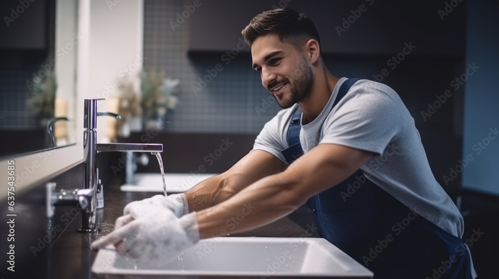  young attractive man wash bathroom. home cleaning