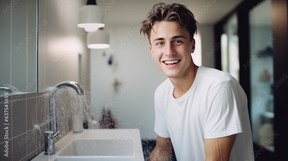  young attractive man wash bathroom. home cleaning