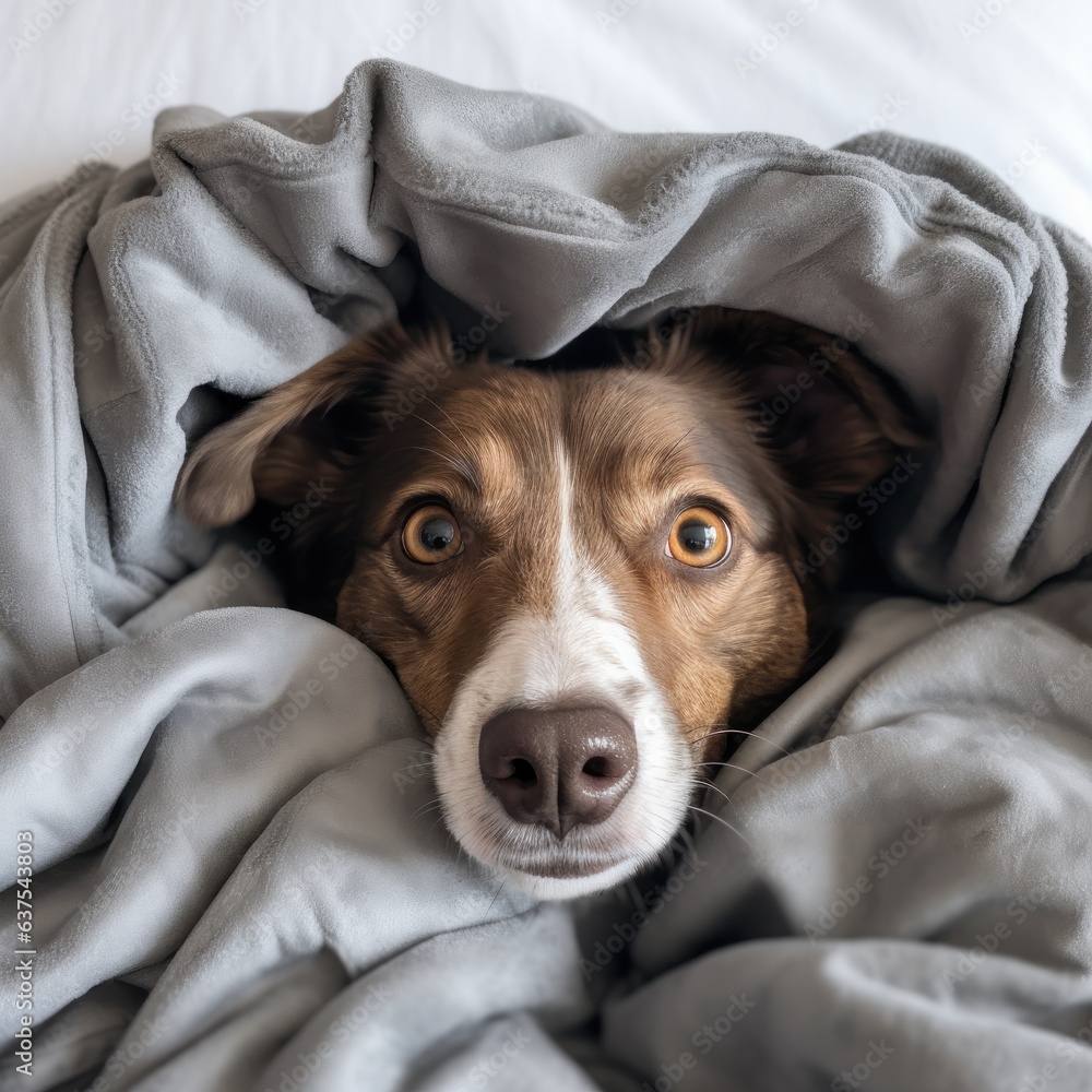 dog lies in bed under the covers.