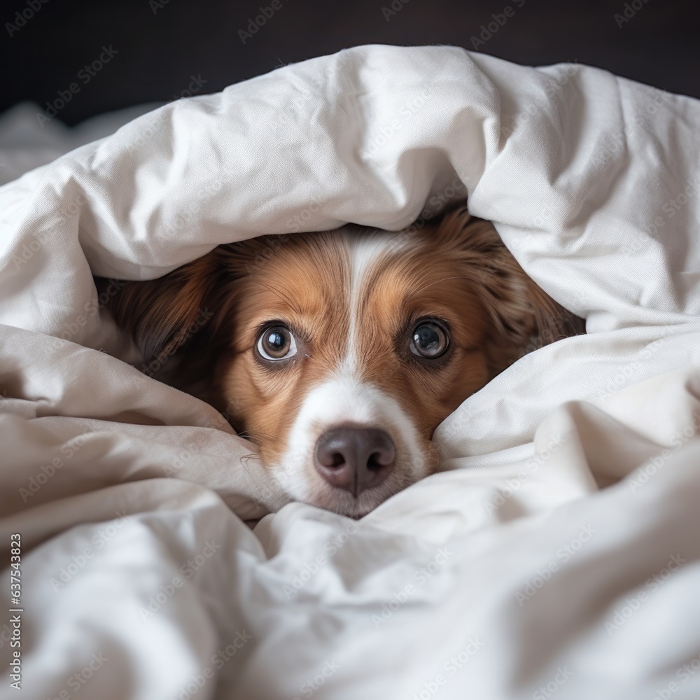 dog lies in bed under the covers.