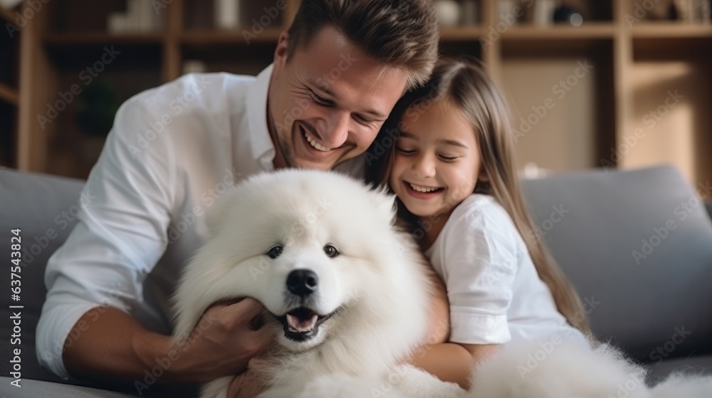  dad with a girl of 10 years old plays with white fluffy