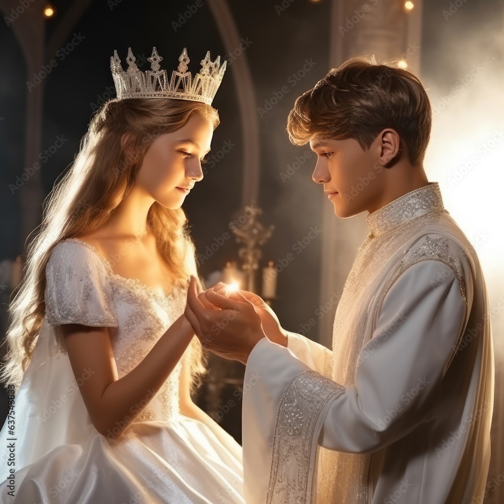 a prince in a white suit puts a crystal crown on the head of a princess in a white dress